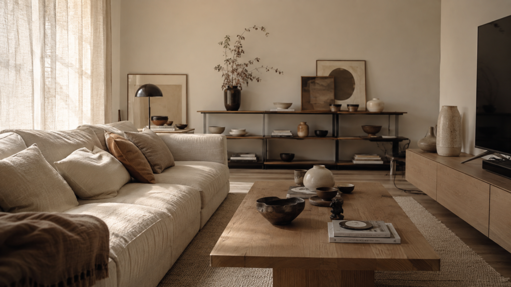 Minimalist living room that looks messy due to visual clutter and scattered decor