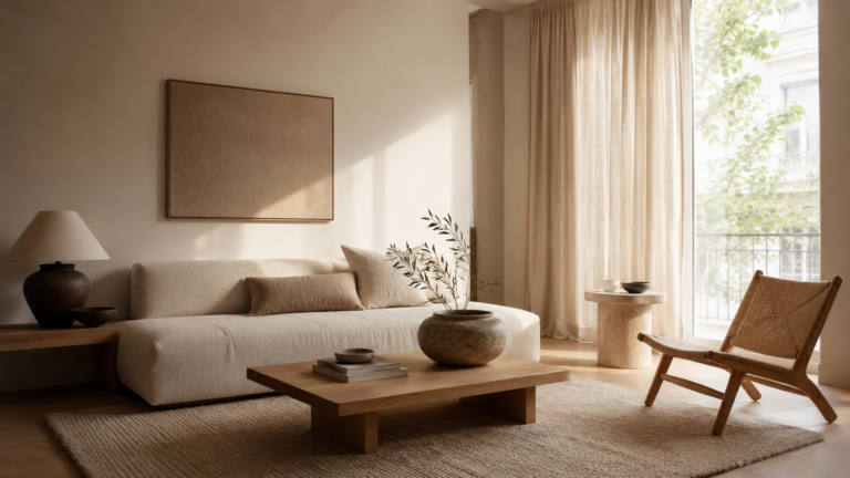 Warm minimalist small apartment living room with natural wood and linen