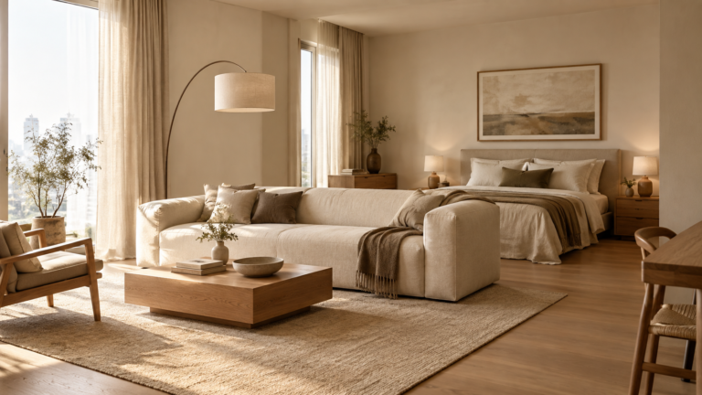 Studio apartment ideas with warm minimalist luxury living room and natural wood furniture