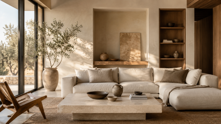 Warm minimalist living room with natural wood, linen sofa, stone coffee table and earthy neutral tones