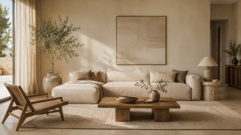 Minimalist neutral colour palette living room with warm ivory walls, natural oak furniture, and linen textures