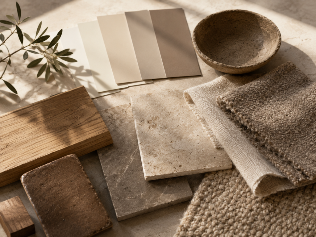 Neutral minimalist interior color palette with ivory, beige, taupe, stone and natural wood