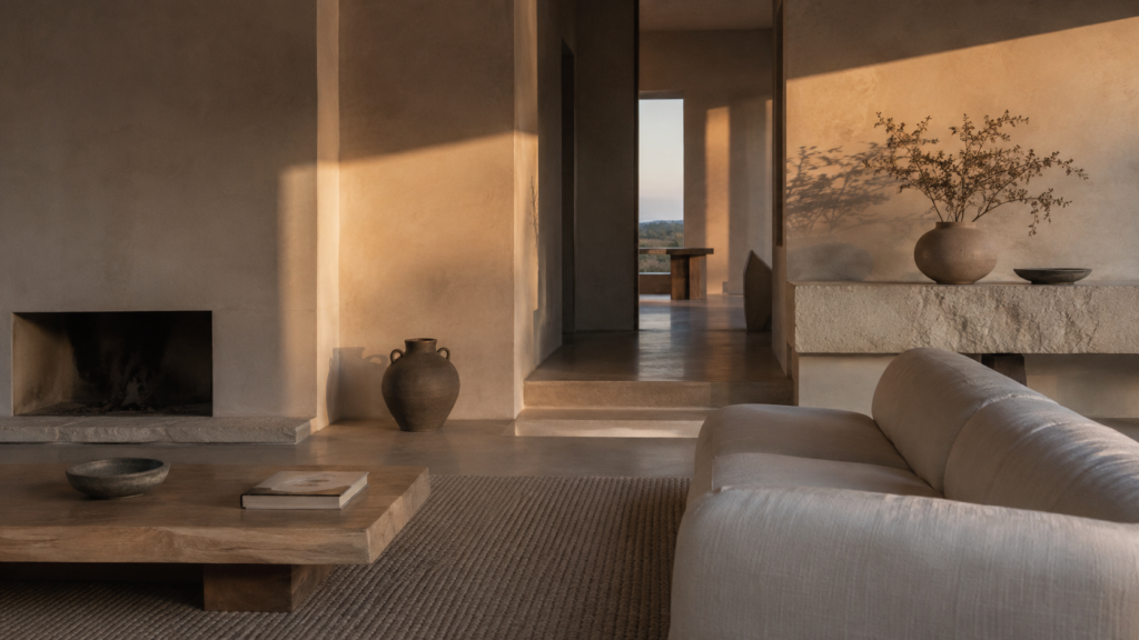 Serene warm minimalist interior with natural wood, linen, stone, soft sunlight and intentional negative space