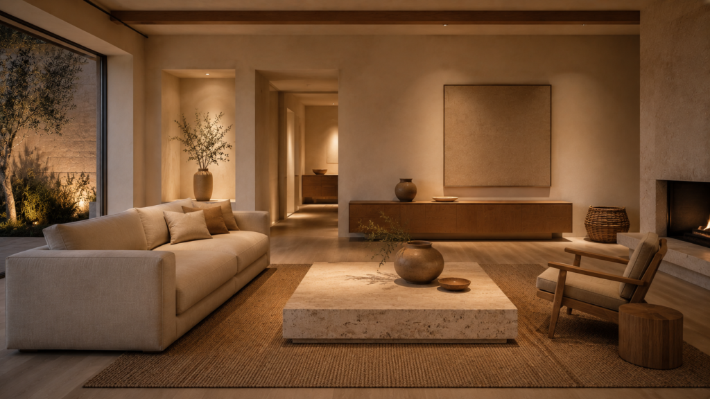 Warm minimalist living room with cohesive natural materials and organized decor