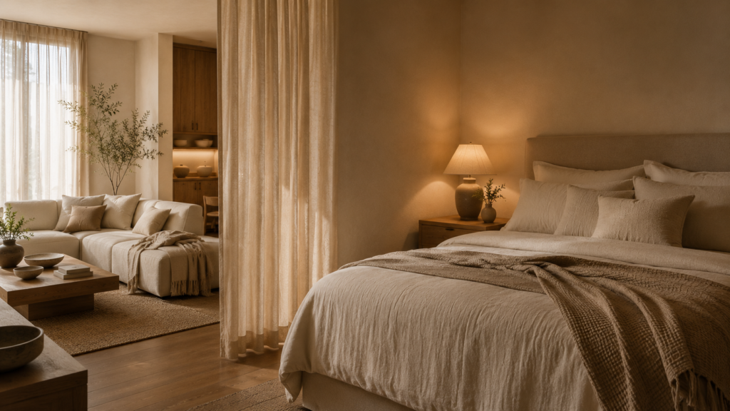 Cozy studio apartment bedroom ideas with linen bedding and warm minimalist decor