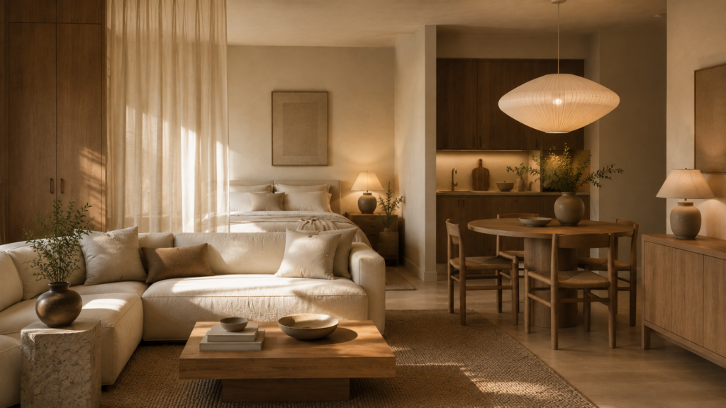 Luxury studio apartment decorating ideas with warm lighting and natural materials