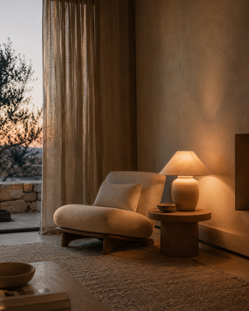 Warm minimalist reading corner with linen chair, oak side table, soft lighting and natural textures
