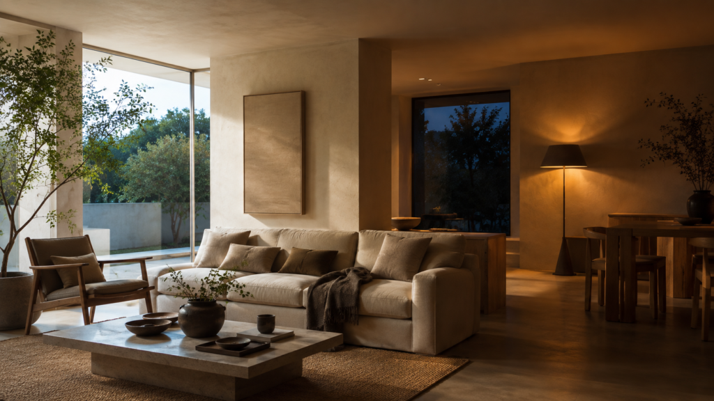 Layered lighting in a warm minimalist interior with ambient, task and accent lighting