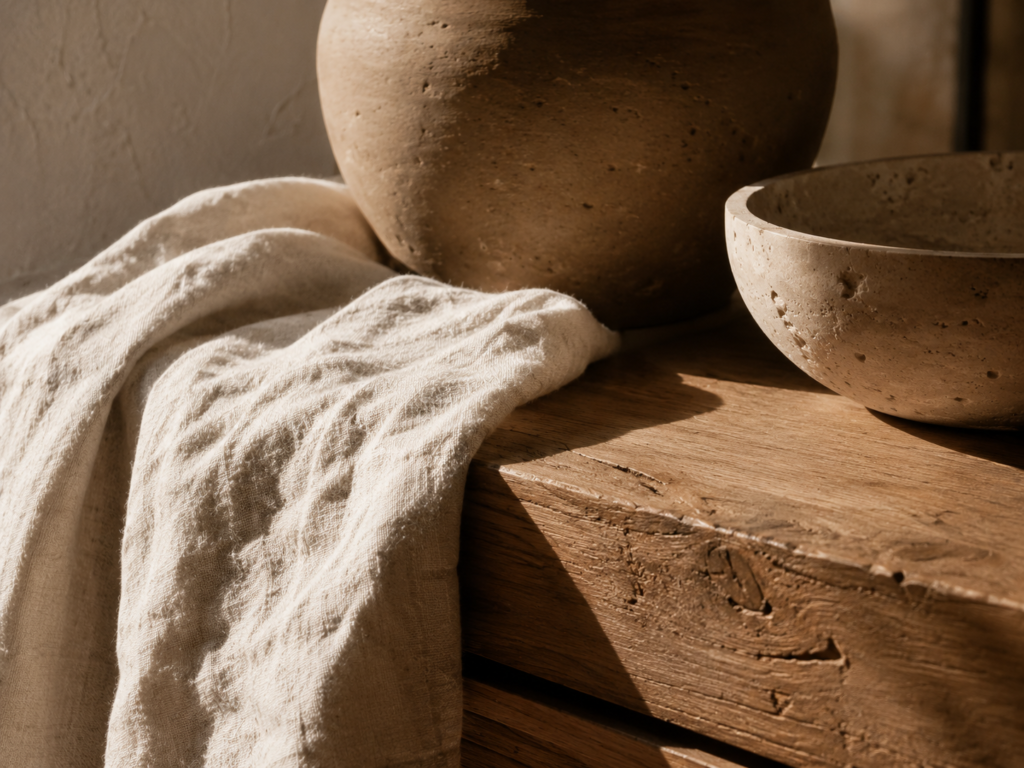 Organic textures in a warm minimalist interior with wood, stone and linen