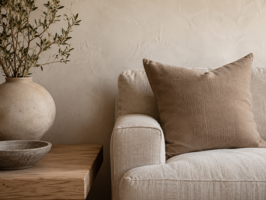 Neutral color palette for minimalist home with warm ivory, beige and natural wood