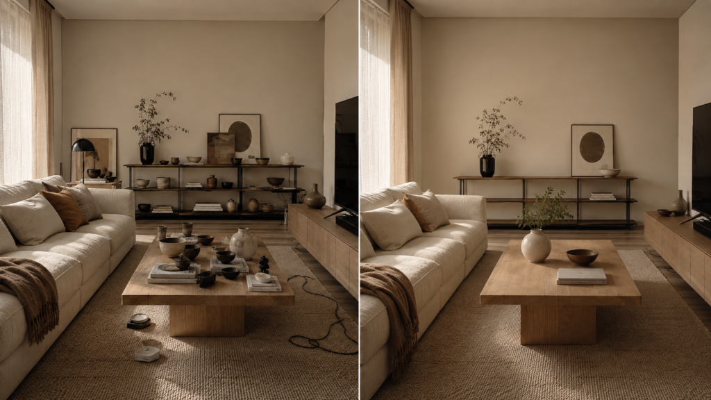 Minimalist living room with neutral furniture and too many small decorative objects