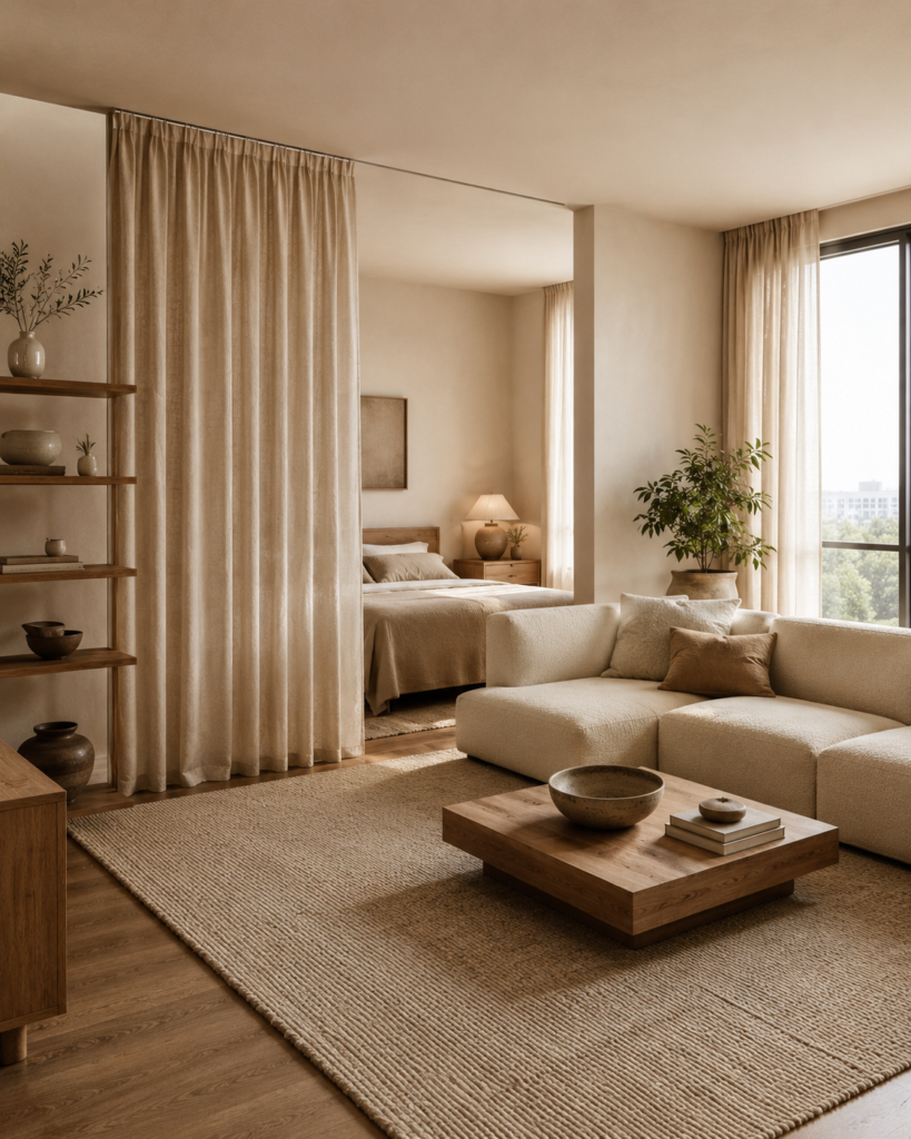 Studio apartment layout ideas with separate living and sleeping zones without walls