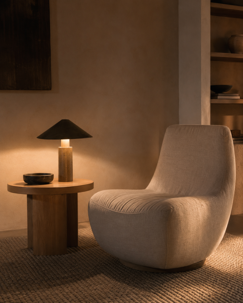 Warm minimalist reading nook with task lighting, linen chair, natural wood and soft evening ambiance
