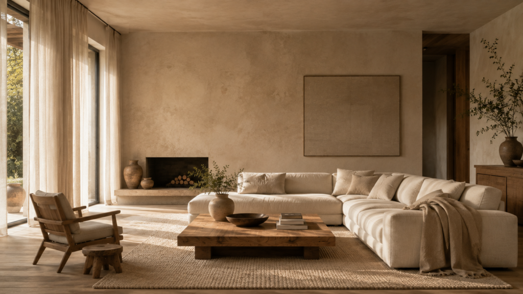 Warm minimalist living room with layered natural materials and tactile surfaces