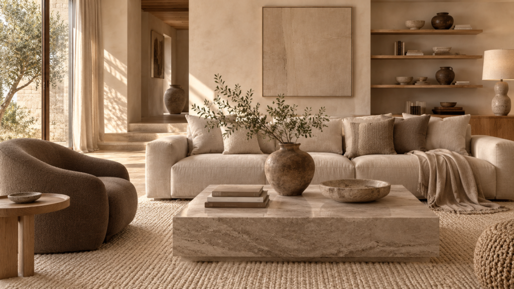 Warm minimalist interior with taupe, mushroom, beige and natural wood tones