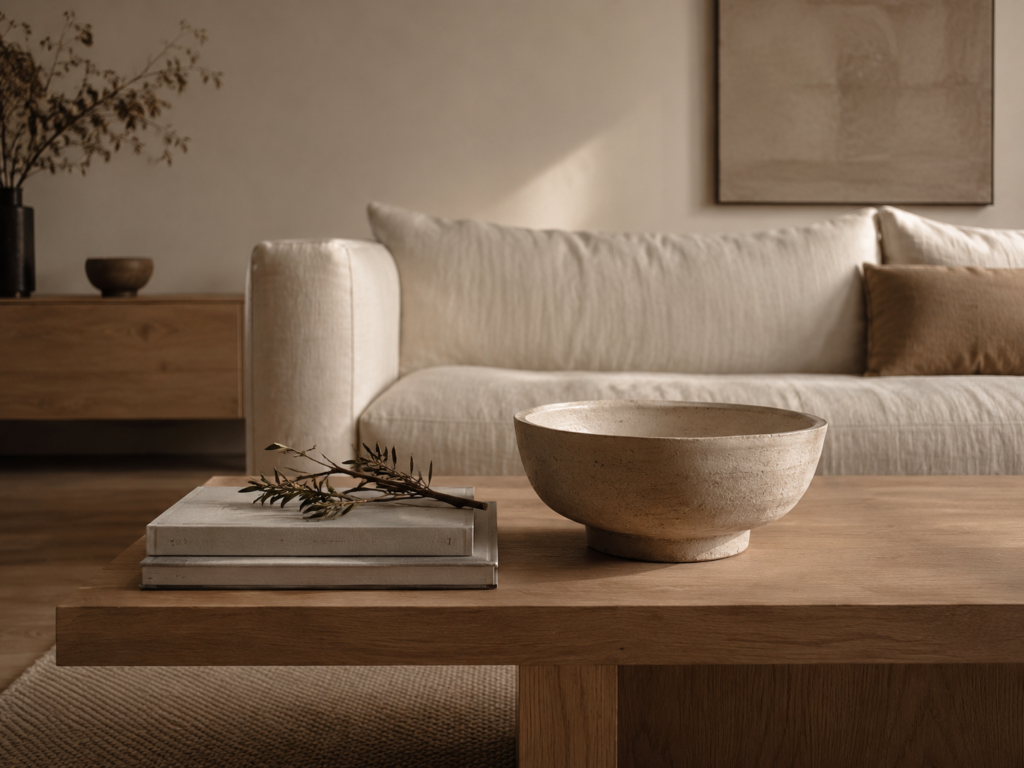 Minimalist coffee table styling with one sculptural centerpiece and organized decor