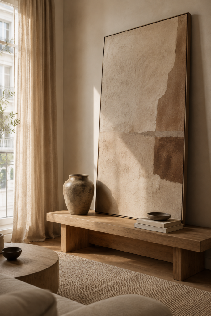 Renter-friendly apartment decor with oversized artwork and neutral walls