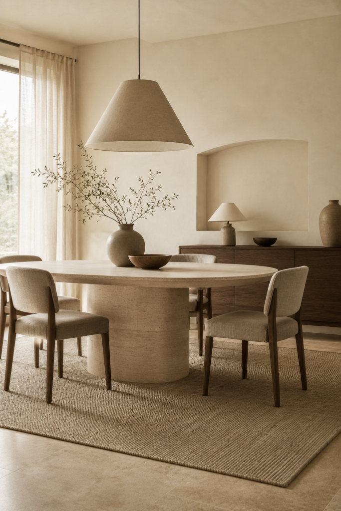 Minimalist neutral colour palette combinations shown across a living room, bedroom, dining room, and kitchen