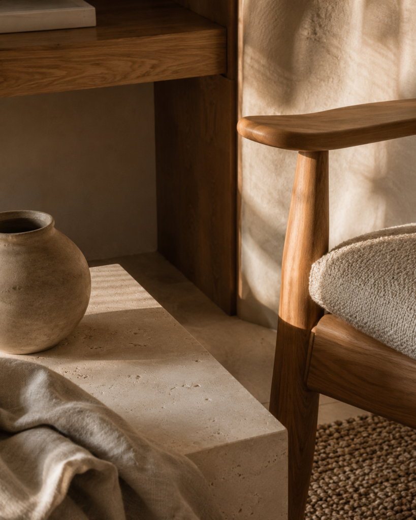 Warm minimalist interior featuring natural oak, limestone, linen, wool and handmade ceramic materials