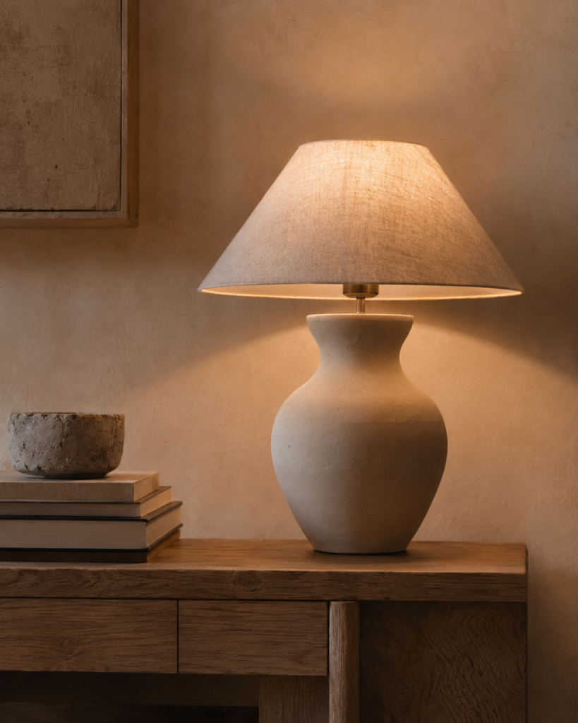 Sculptural table lamp in a warm minimalist interior with ceramic, linen and natural wood textures