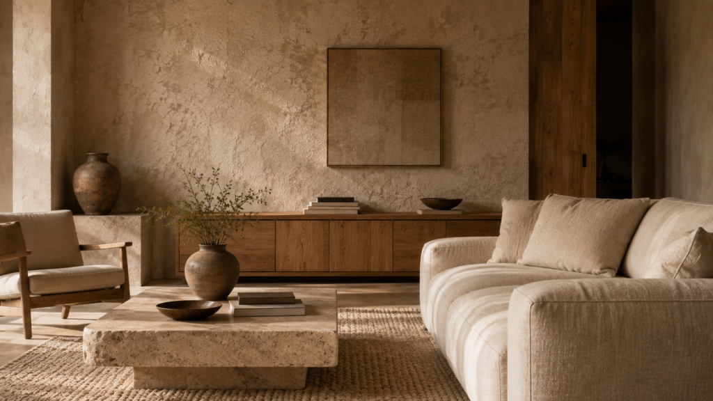 Minimalist interior with linen, travertine, oak and wool textures