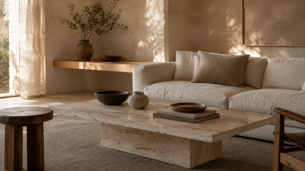 Minimalist living room with travertine, warm ivory, beige and earthy neutral colors