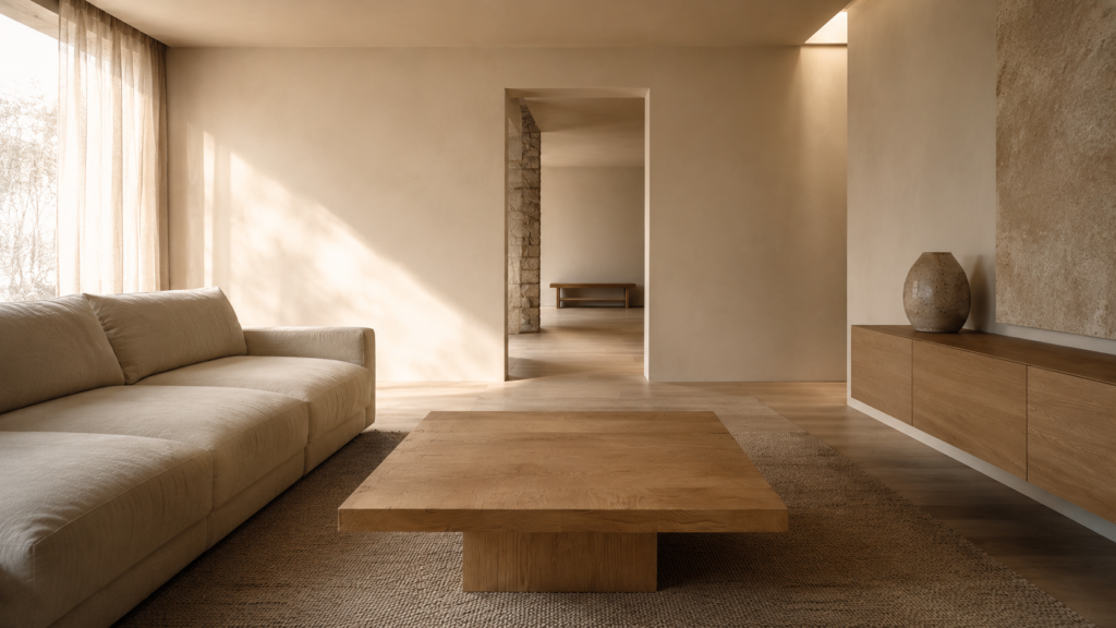 Calm minimalist living room with clear surfaces and intentional negative space