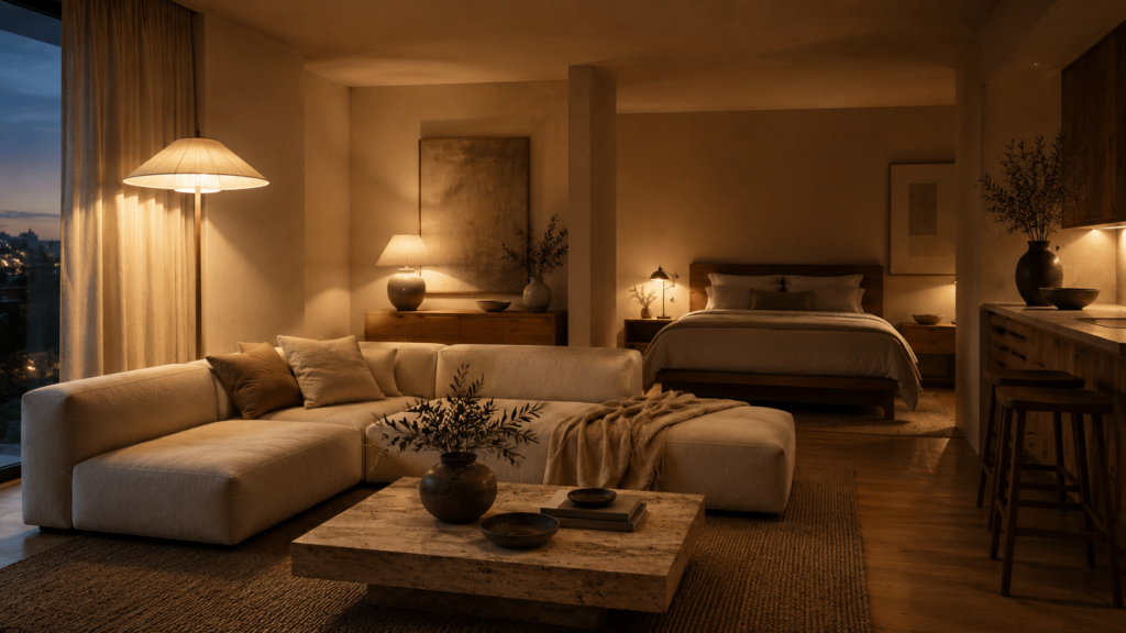 Studio apartment lighting ideas with layered warm ambient lighting
