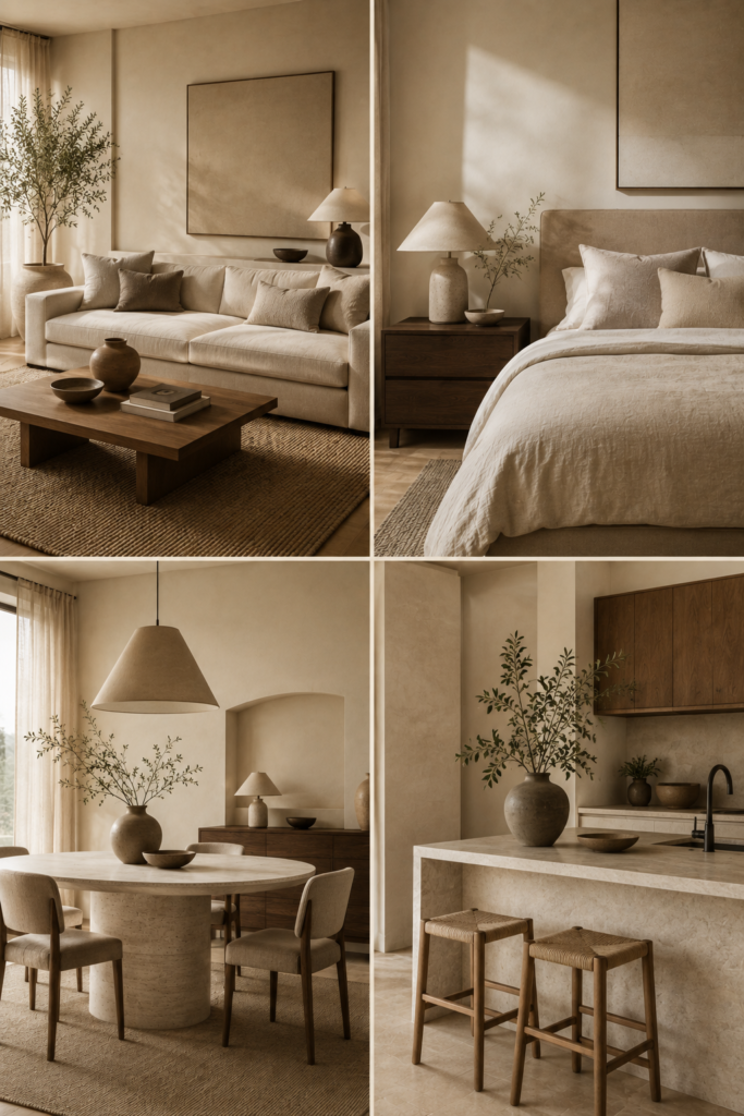 Textured minimalist neutral palette with bouclé upholstery, linen curtains, and handmade ceramic vase