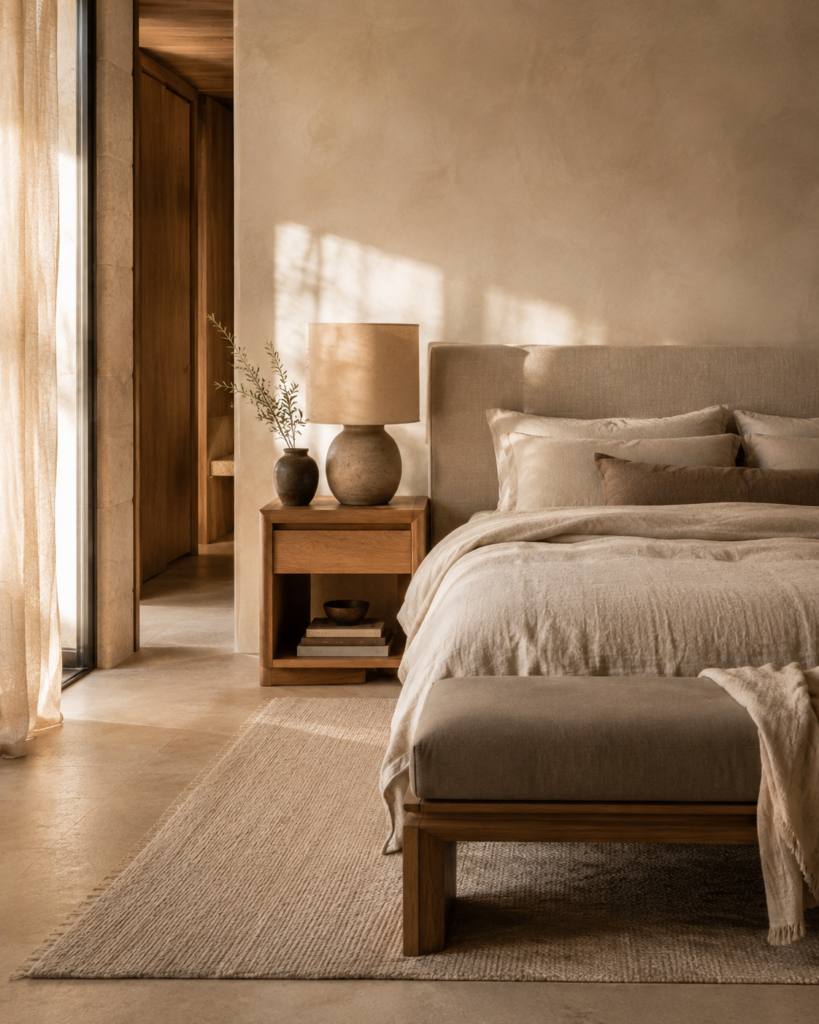 Warm minimalist bedroom with ivory walls, oak furniture, taupe linen bedding and earthy neutral colors