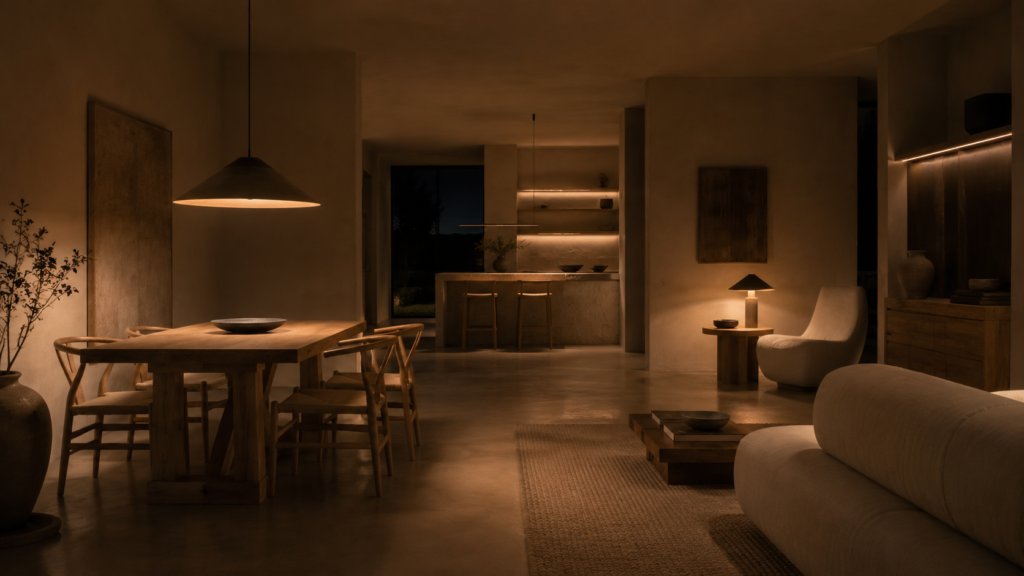 Warm minimalist open plan living space with pools of light, natural materials and soft ambient lighting