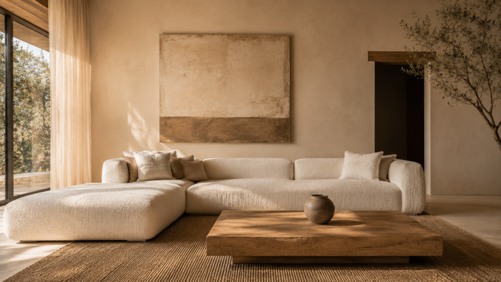 Minimalist living room with large-scale furniture, oversized artwork, natural wood and generous negative space