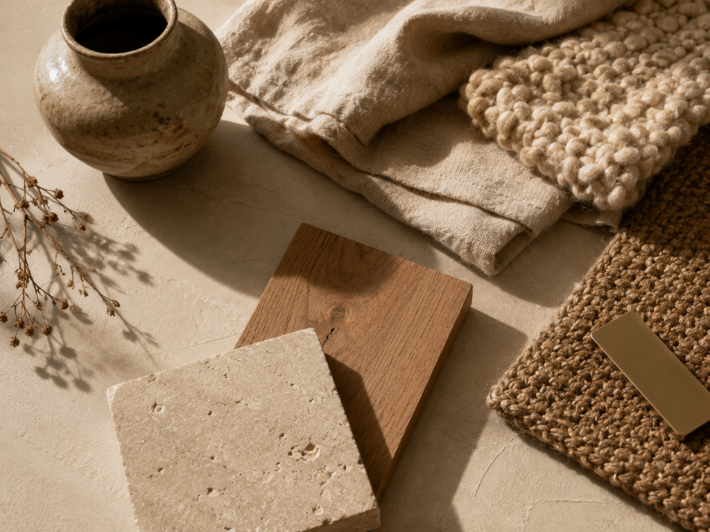 Warm minimalist material palette with natural wood, linen, wool and stone