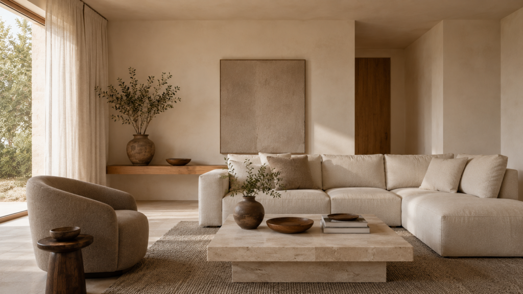 Neutral color combinations for minimalist home using ivory, taupe, walnut and beige
