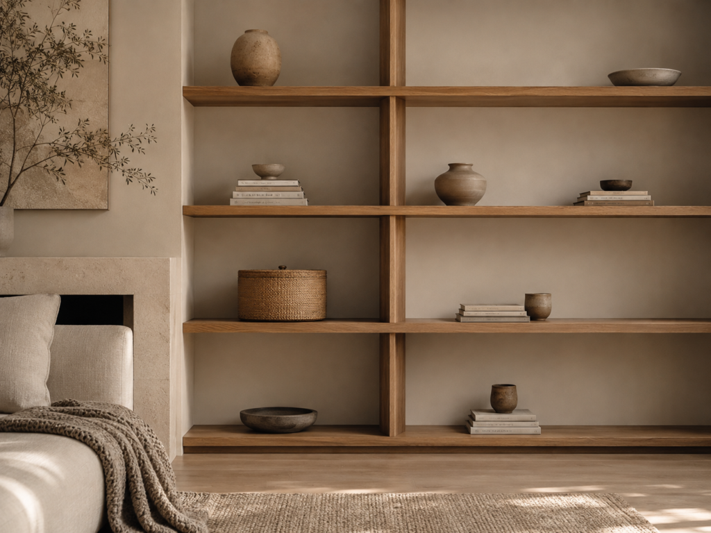 Minimalist open shelving with grouped decor, empty spaces and neutral colors