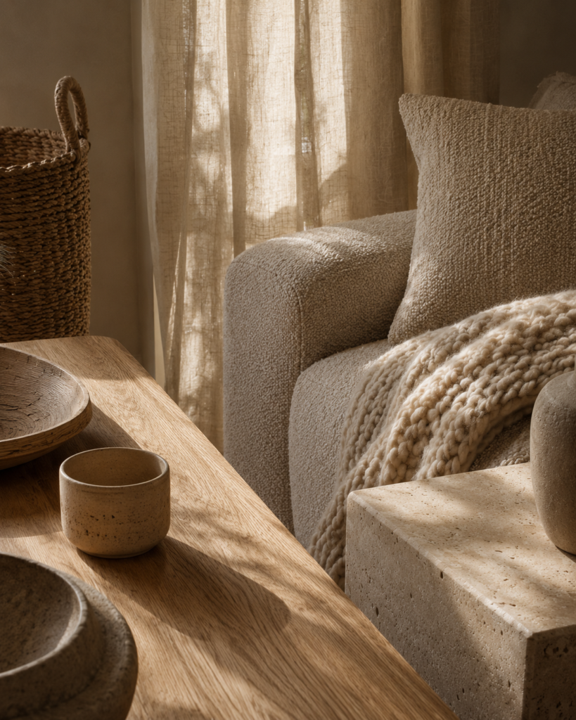 Warm minimalist apartment with layered natural textures and neutral decor