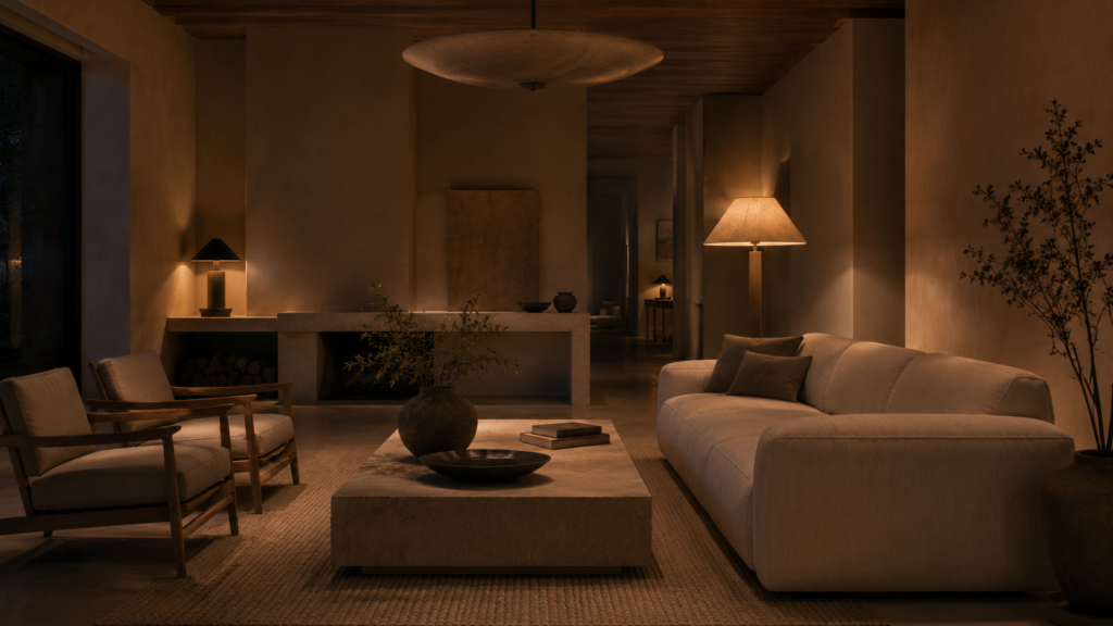 Minimalist living room with dimmed overhead lighting, floor lamp and warm layered illumination