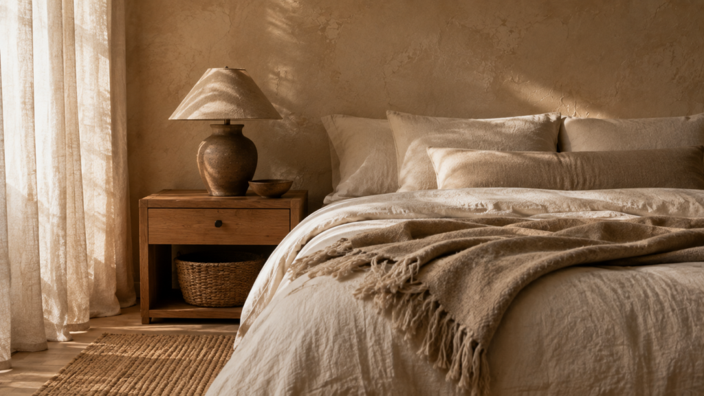 Warm minimalist bedroom with linen bedding, wool throw and natural wood