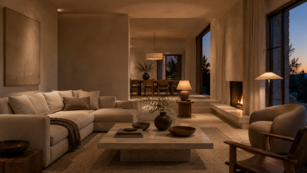 Warm minimalist interior with layered neutral colors and natural organic materials