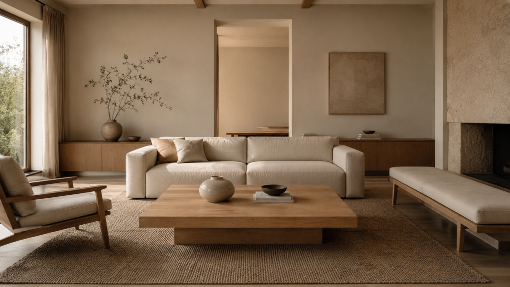 Minimalist living room with aligned furniture and balanced visual hierarchy