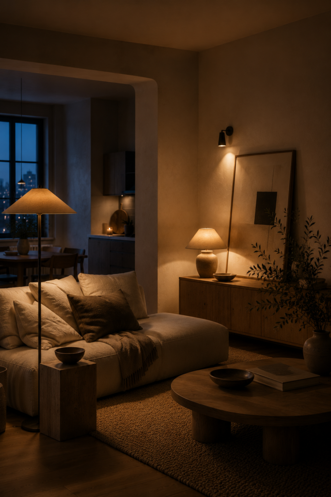 Layered lighting ideas for a cozy warm minimalist apartment