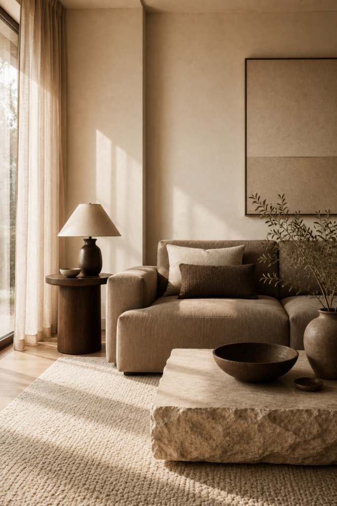 Neutral colour palette dining room with travertine table and warm minimalist decor