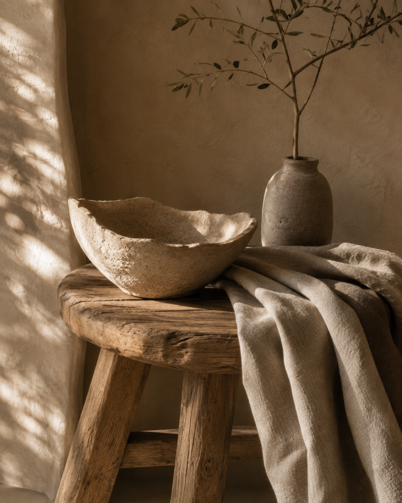 Warm minimalist interior with handmade ceramic, natural wood, linen and organic imperfect textures