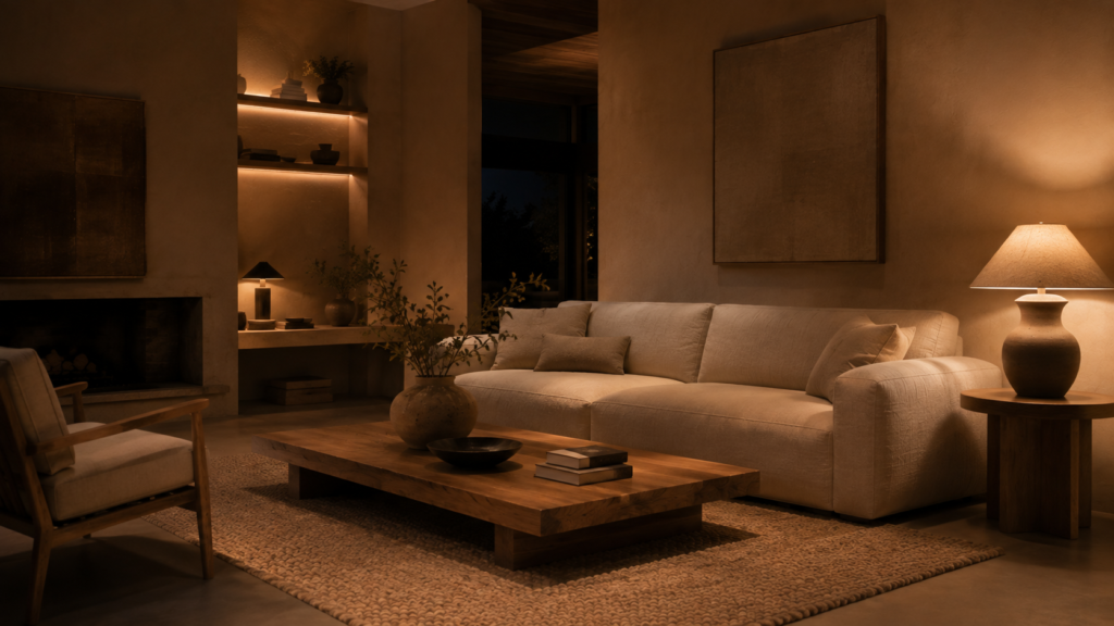 Serene warm minimalist living room with layered ambient lighting, soft shadows and earthy neutral tones
