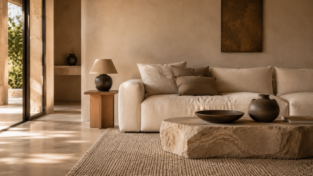 Warm minimalist living room combining soft linen, wool, natural wood and stone textures