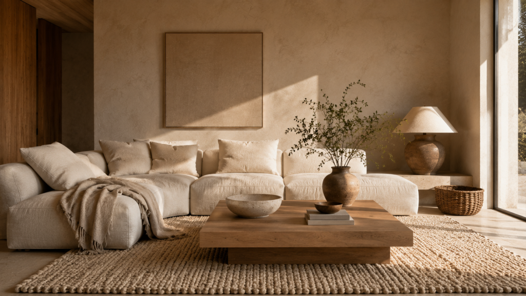 Modern warm minimalist living room with contrasting organic textures and natural materials