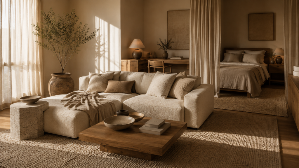 Warm minimalist studio apartment with layered textures and neutral decor