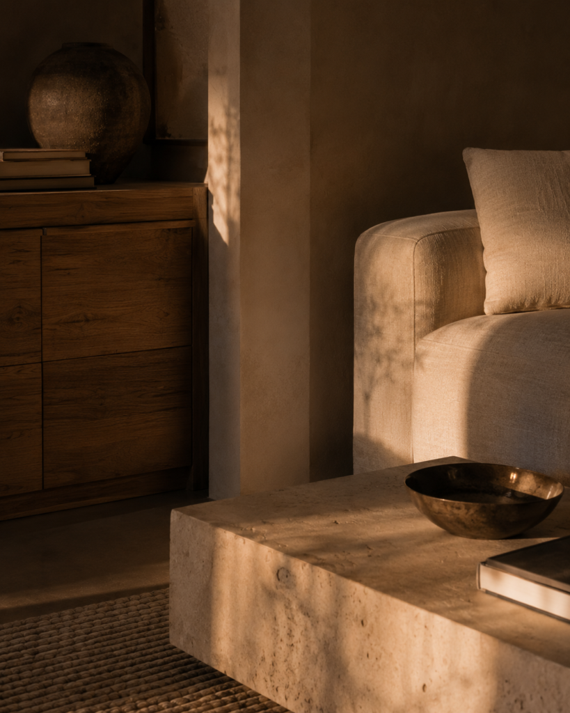 Warm evening light highlighting natural wood, linen, stone and textured plaster in a minimalist interior