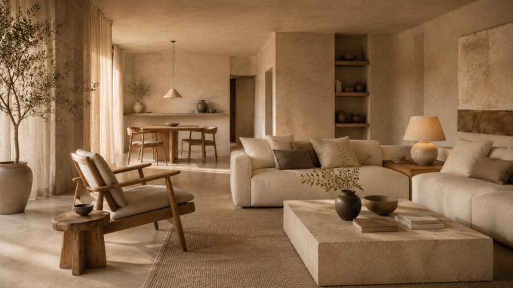 Warm minimalist living room combining natural light, earthy neutrals, wood, stone, layered textures and simple decor