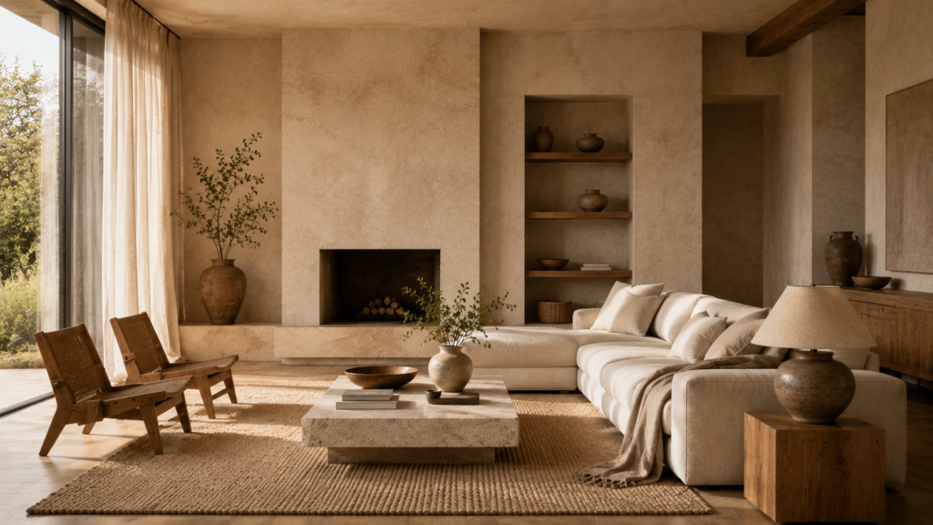 Warm minimalist living room with tactile materials, neutral colors and natural textures